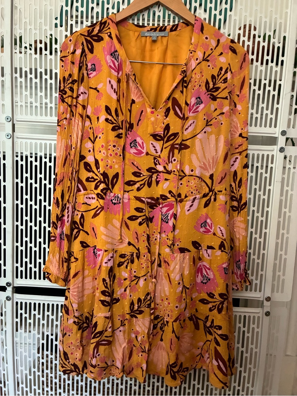Daniel Rainn Floral V-Neck Tiered Dress in Mustard Pink